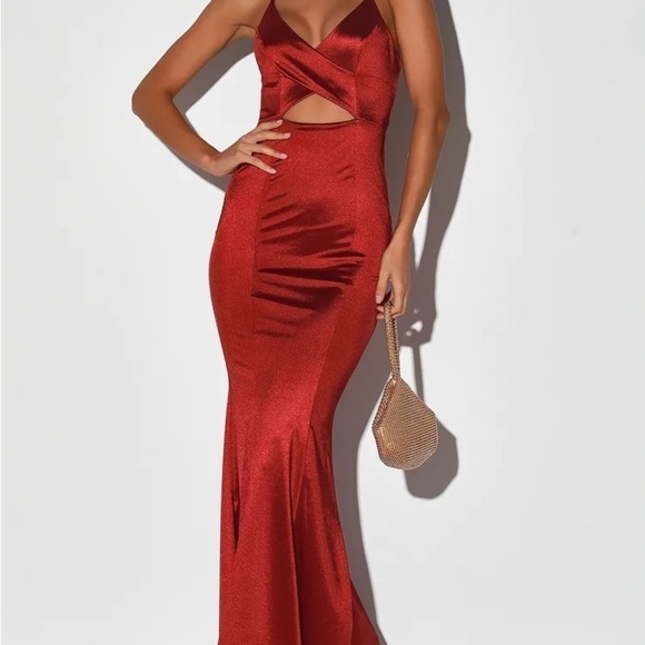 LULU’S Destined Love Wine Red Satin Backless Cutout Mermaid Maxi Dress - Picture 3 of 4
